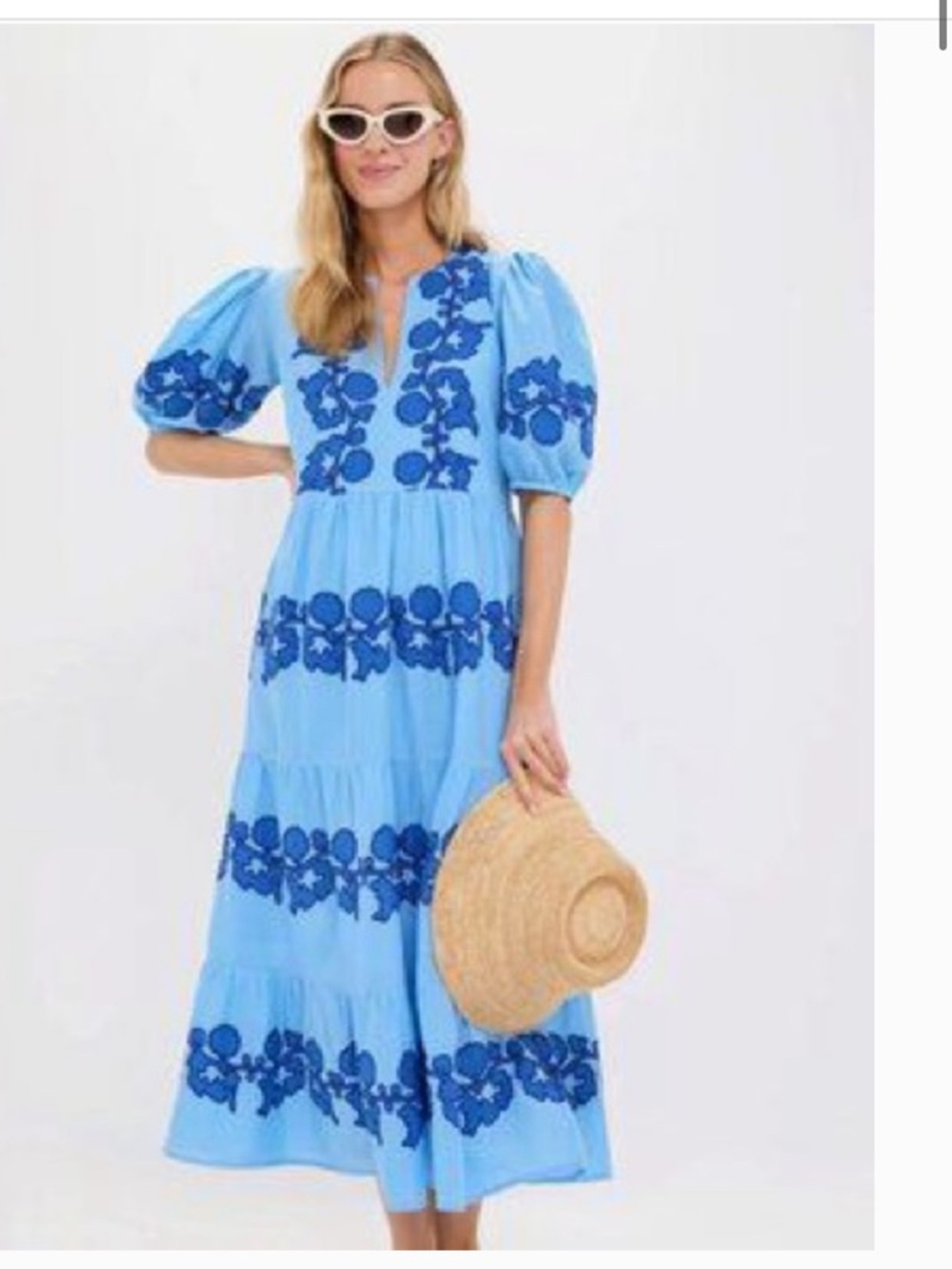 Oliphant Blue Floral Embroidered Puff Sleeve Midi Dress Tuckernuck Small